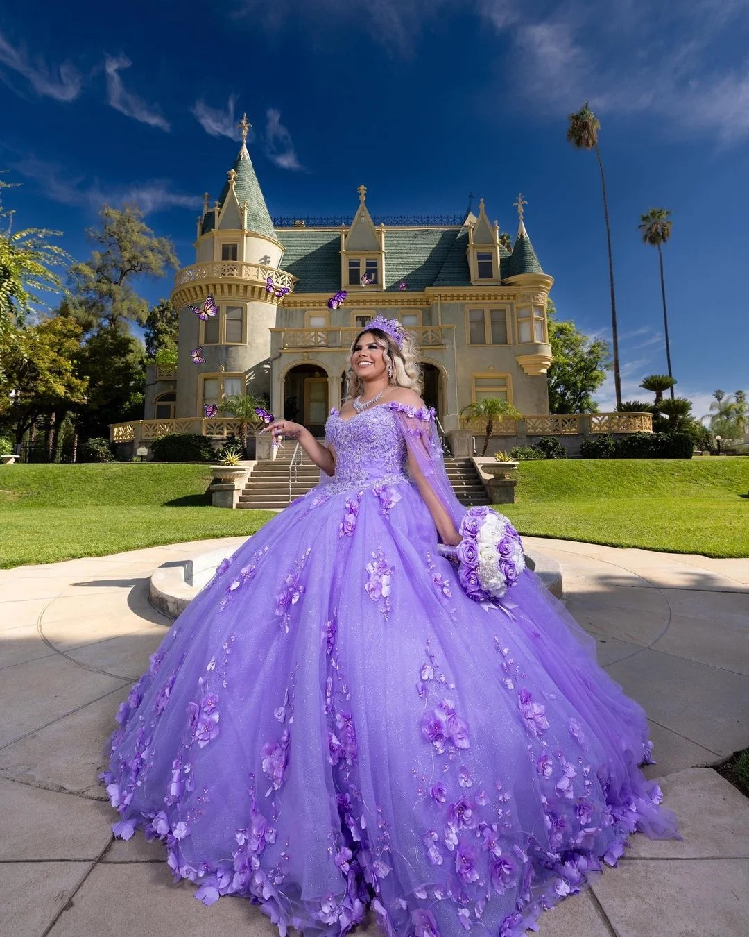 Mumuleo Cape Sleeve Lilac Quinceanera Dress 3D Flowers Wear Pageant 2024 Ball Gown Princess Dresses Sweetheart Sweet 15 Gowns