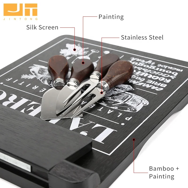 Kitchen Charcuterie Board Bamboo Cheese Platter Tray with Cheese Knives Set