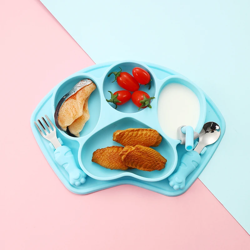 Wholesale Cute Paw Shaped BPA Free Custom Logo Kids Baby Feeding Set Silicone Suction Plate Cutlery Fork Spoon Set For Toddlers