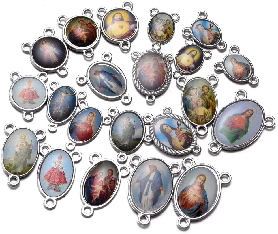 40pcs Mix Rosary Cross and Center Miraculous Maria Crucifix Medal Charms Pendants for Crafting Jewelry Rosary Necklace Bracelet