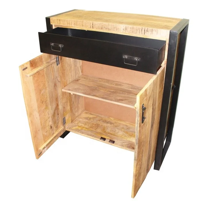 Industrial Mango Ara Cabinet with 2 Doors & 1 Drawer Accent Rustic Cabinet Sideboard for Living Room Indian Jodhpur Cabinet