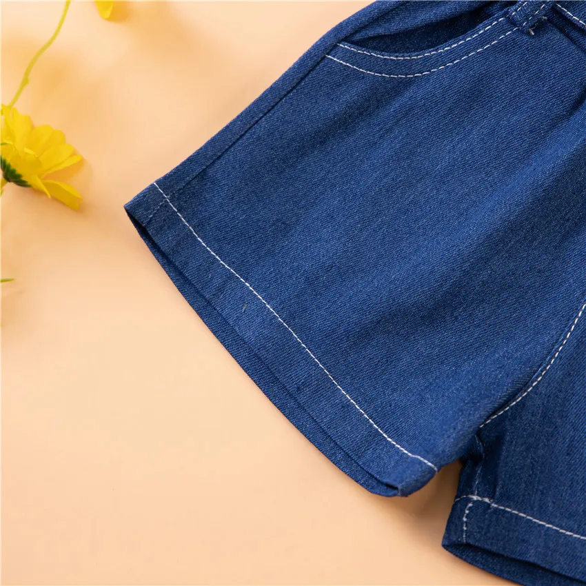 Summer Girls Clothing Sling Suit Plaid Top Denim Shorts Two Piece Set Sweet And Lovely Clothes