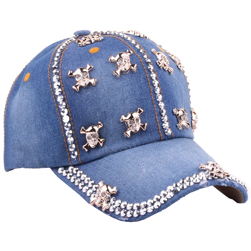 Custom Distressed Denim Cotton Bling Stones Studded Rhinestone Jeans Sports Baseball Hat Cap Sparkle Bling Skeleton Hat