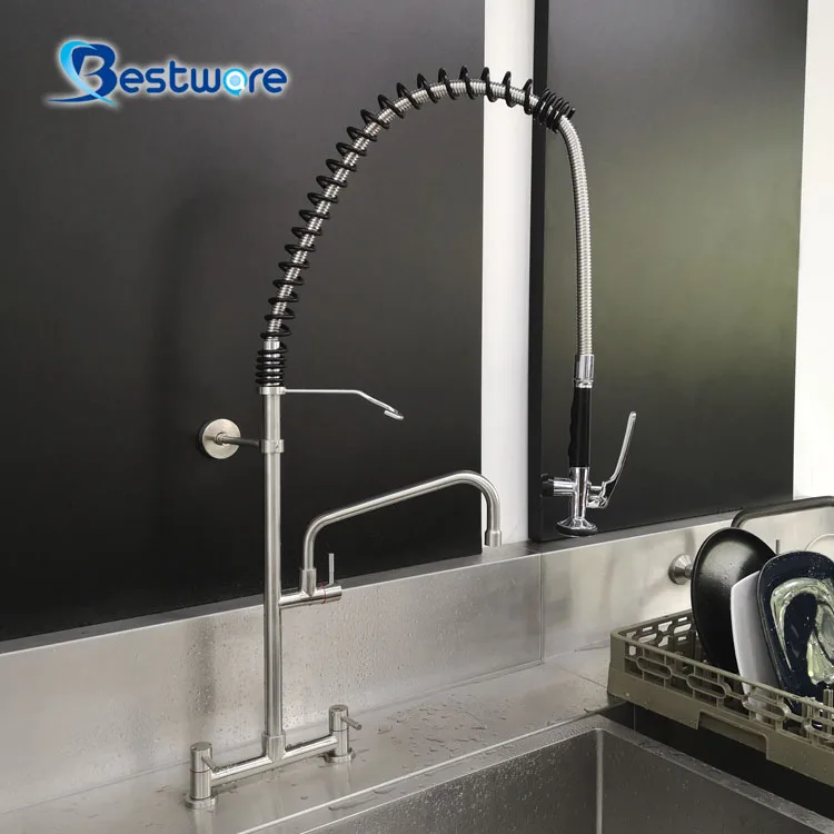 High Quality Commercial Kitchen Faucet Pre-Rinse Stainless Steel with Dual Handle Pull down Sprayer Heavy Duty Ceramic Valve