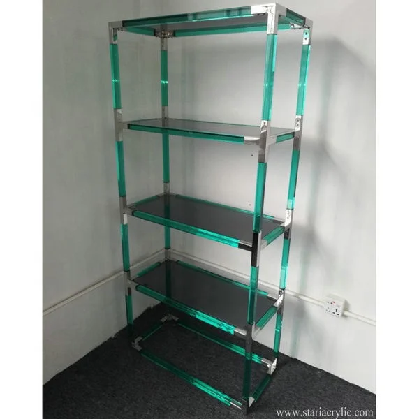 Stari Factory Wholesale Green Tinted Acrylic and Gold Stainless Steel Bookshelf Lucite BookCase