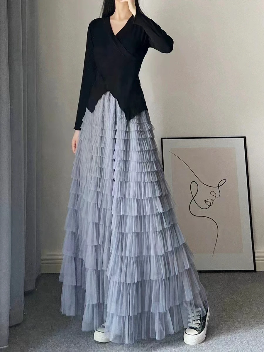 High Waist Ruffle Pleated Tiered Midi Flowy Pink Tulle Cake Skirts