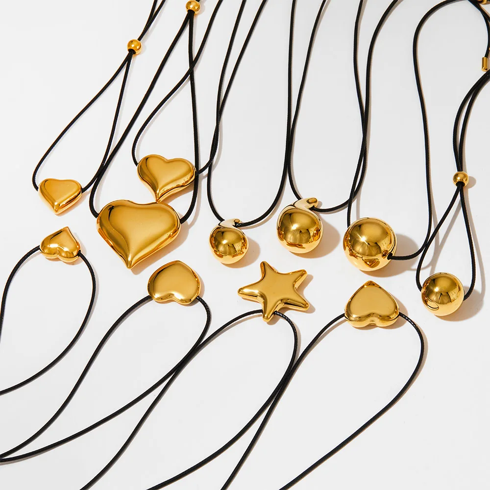 Waterproof 18k Gold Jewelry Black Cord Slider Clasp Gold Smooth Circle Heart Star Water Drop Pendant Necklace