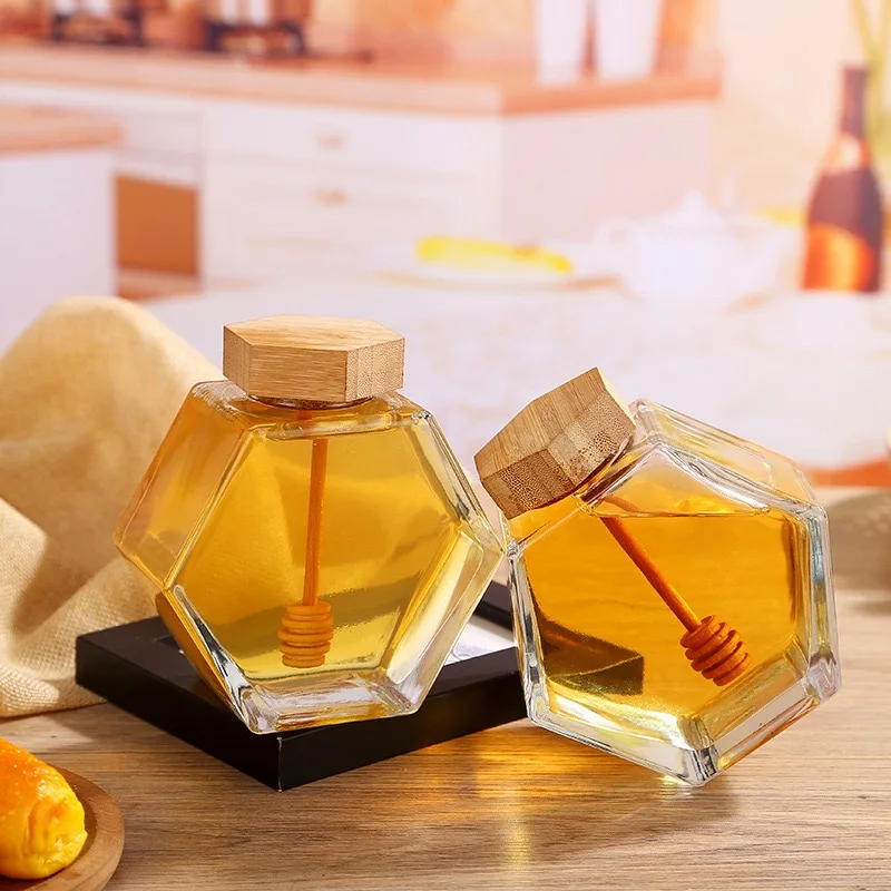 Custom Logo 220ml 380ml Empty Luxury Stirring Dipper Hexagonal Jelly Jam Glass Honey Jar