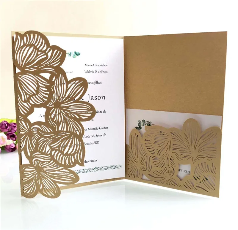 Black Trifold laser cut invitations Wedding Invitation Cards Pockets Laser Cut Flora Greeting Card for for Wedding Bridal Shower