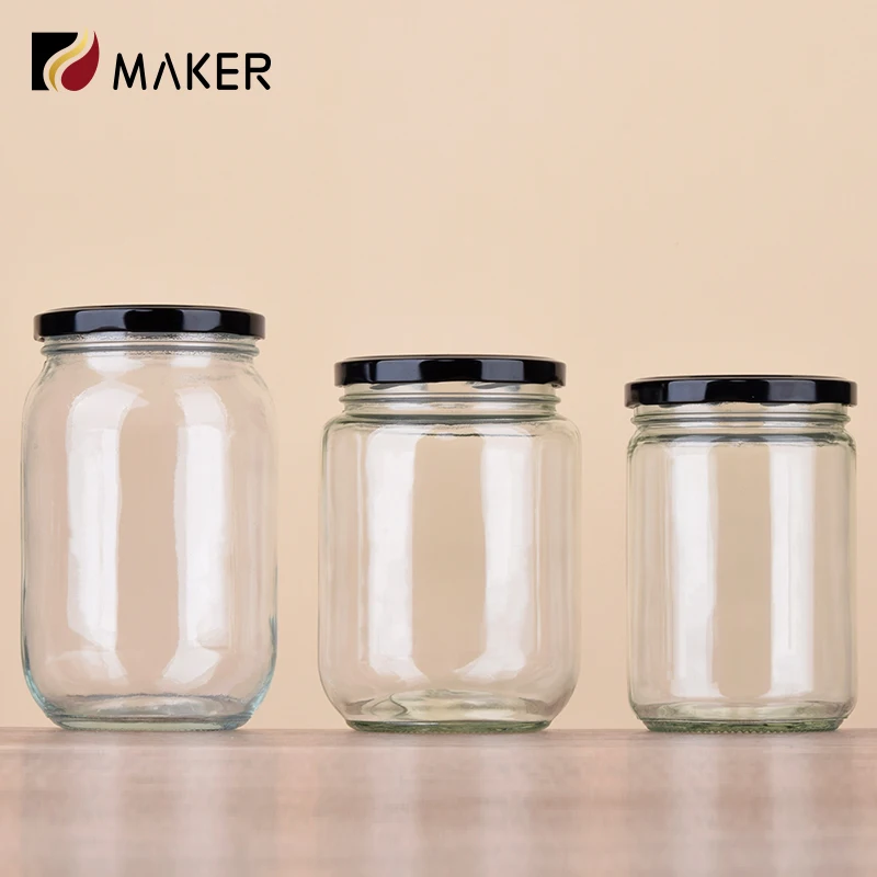 Custom High Borosilicate Airtight Honey Spices Nut Peanut Butter Pickles Jam Glass Food Storage Jar With Screw Caps Black Cover
