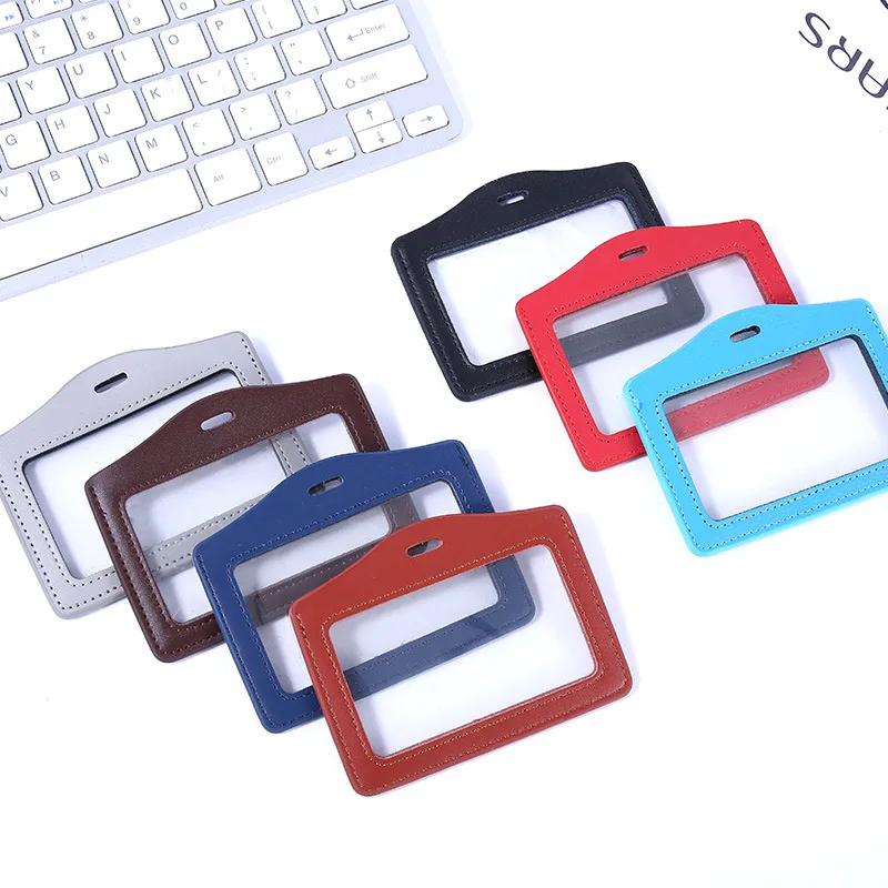 Factory Genuine Leather Double-sided Transparent Work Permit Card Cover ID Badge Bank Card Holder with Nylon Lanyards