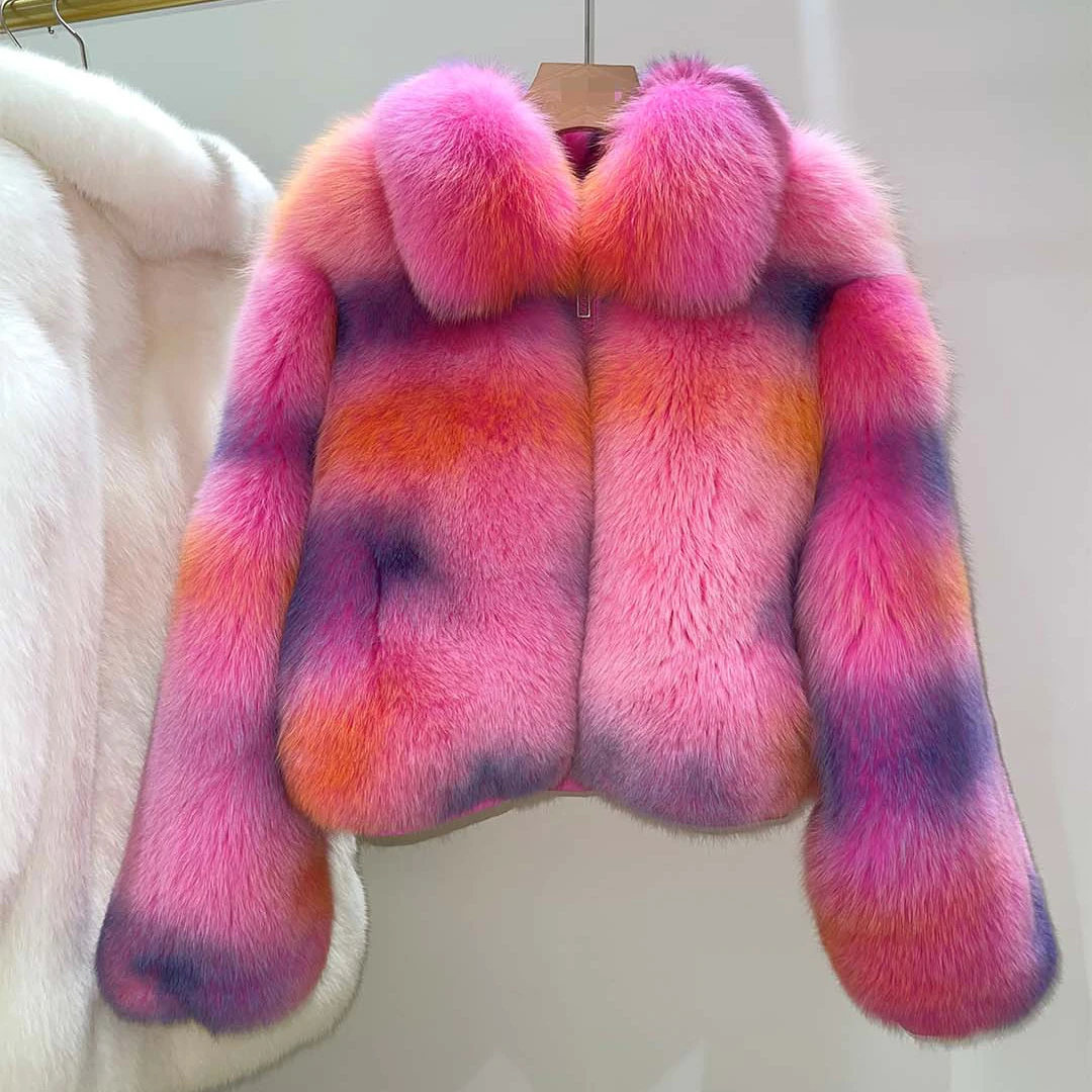 Popular Elegant Chic Full Pelt Colorful Crop Genuine Tie Dye Fox Fur Coat Women