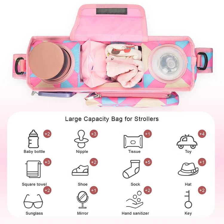 Custom Print Stroller Caddy Organizer Accessories Diaper  Non Slip Straps With Insulated Cup Holder Baby Stroller Bag