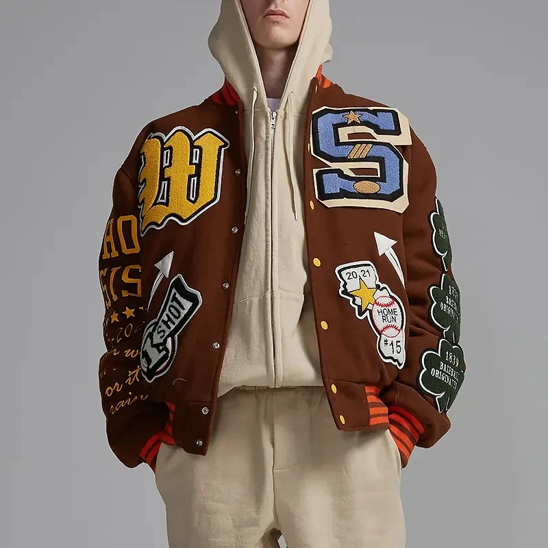 Streetwear Patches Fleece Letterman Jacket For Men Manufacturers Custom Embroidery Patches Baseball Unisex Bomber Varsity Jacket
