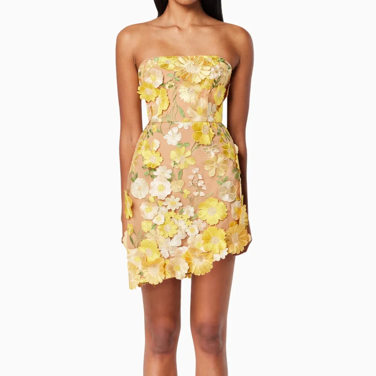 Ocstrade Popular Clothing Club Dresses 2024 Yellow Flowers Design Strapless Asymmetrical Fitness Short Club Dress For Women
