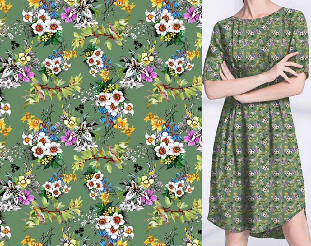 polyester soft moss crepe weave pearl silk feels chiffon digital print new pastoral style design  sunscreen shirt dress fabric