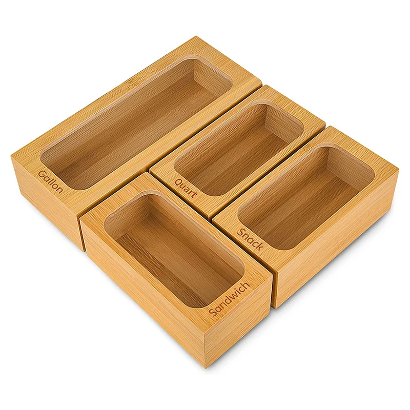 Set of 4 Food Storage Bag Organizers , Bamboo Ziplock Bags Holders for Gallon, Quart, Sandwich