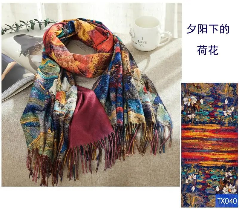 silk like print scarf customized famous painting large size shawl for women spring