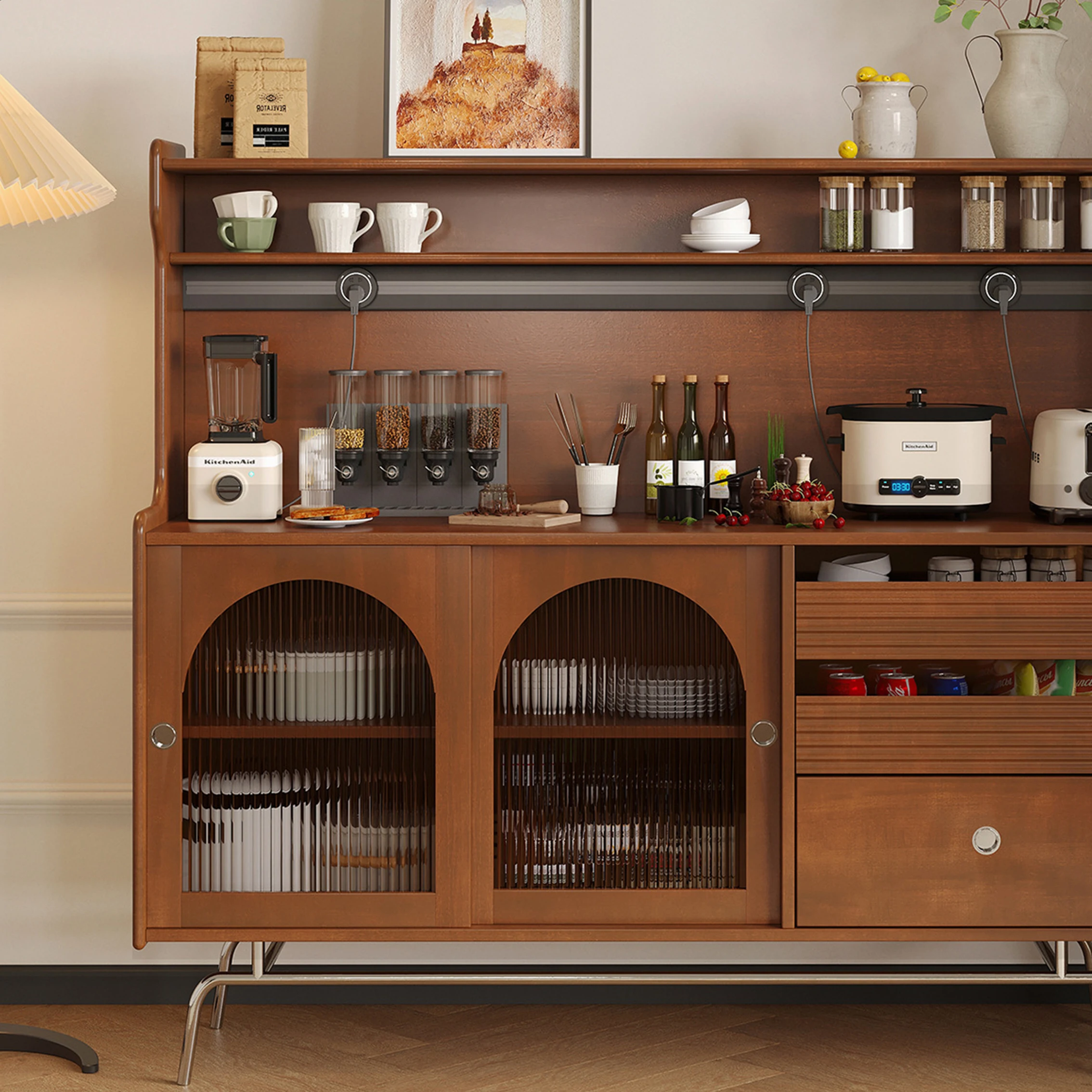 High quality kitchen modern furniture dining room wooden sideboard rock panel solid wood high storage space customized