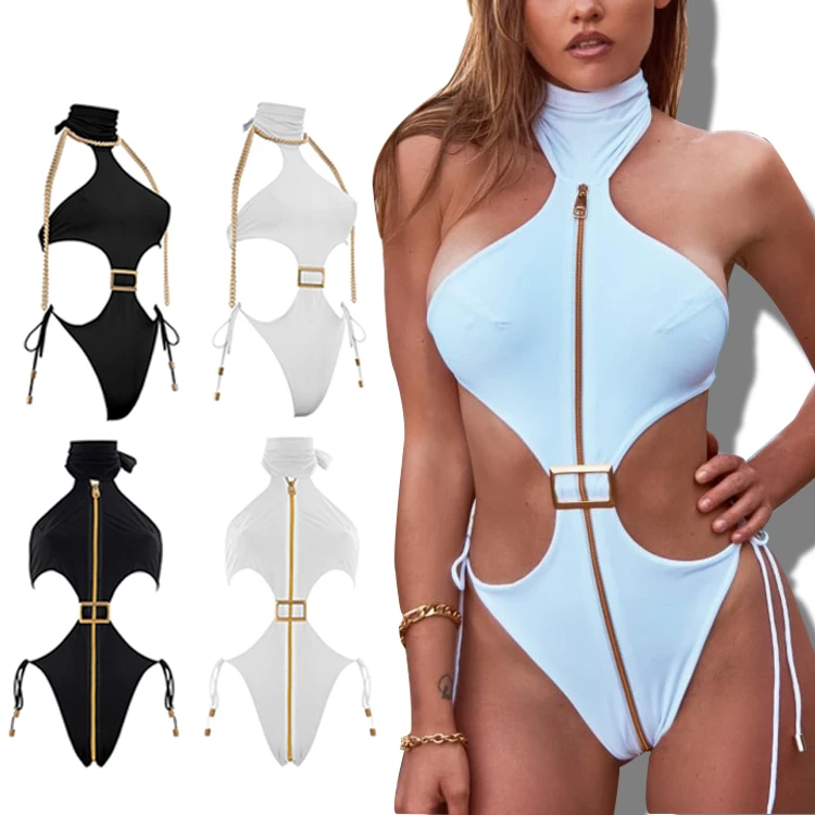 HuiLin manufacture sexy halter swimsuit cutout bathing suits swimwear beachwear women 1 piece custom zipper metallic swimwear