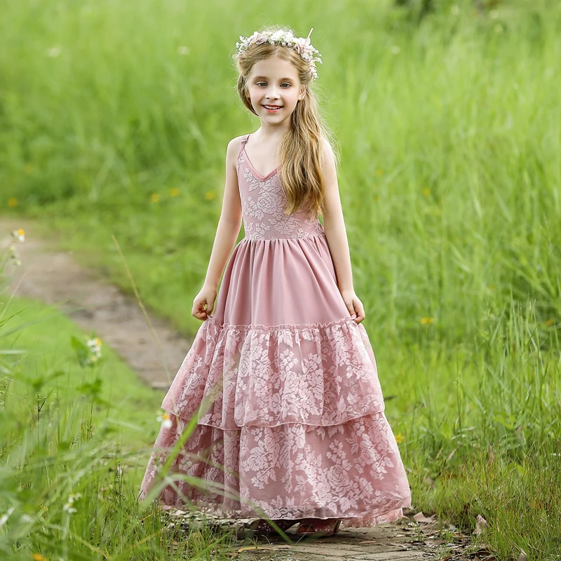 Boho Flower Girl Dress Wedding Pink Black Withe Ball Gowns For Girls 4-14 Years Old