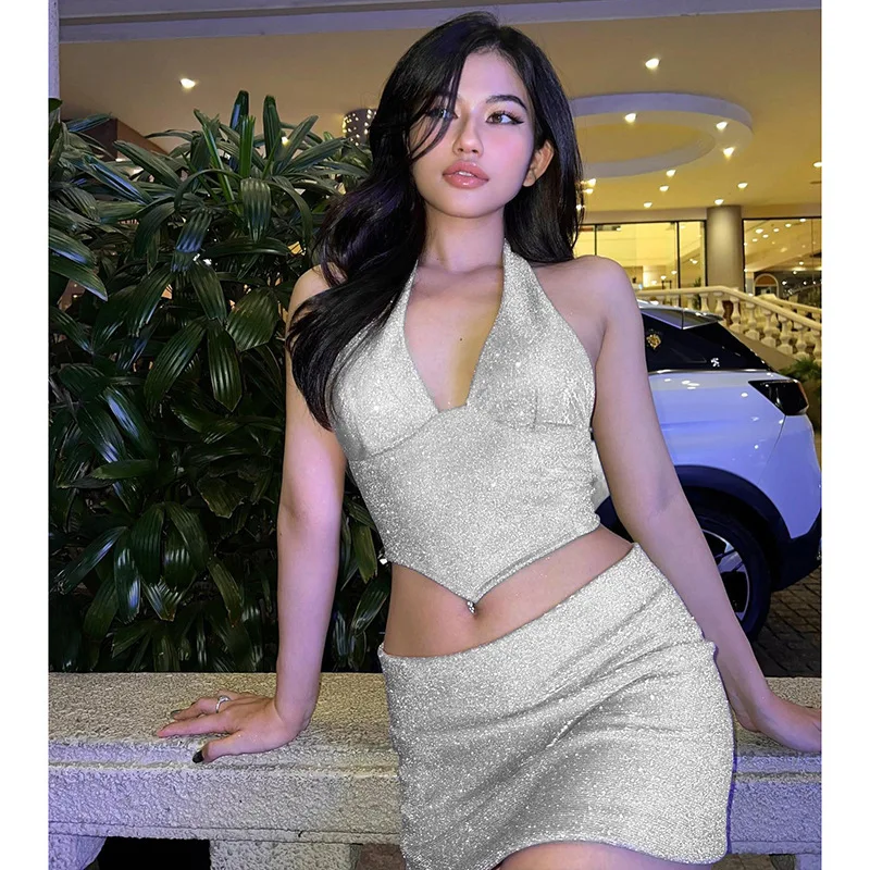 Sexy Club Shiny Suits Sleeveless Halter Crop Top Skirt Glitter Co Ord Two Piece Set Women Clothing Summer