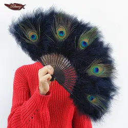 FK Black Feather Fan Peacock Feather Hand Fans For Wedding Bride Hand Holding Bouquet