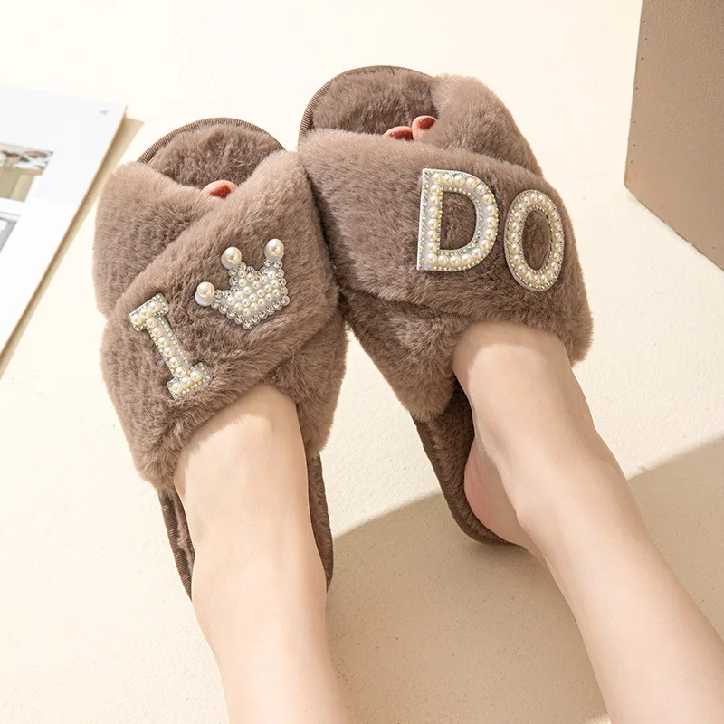 Heart Love Fluffy Fur Slippers Women Warm Open Toe Plush Memory Foam Ido Slide Slippers Home 2023 Winter Indoor Shoes