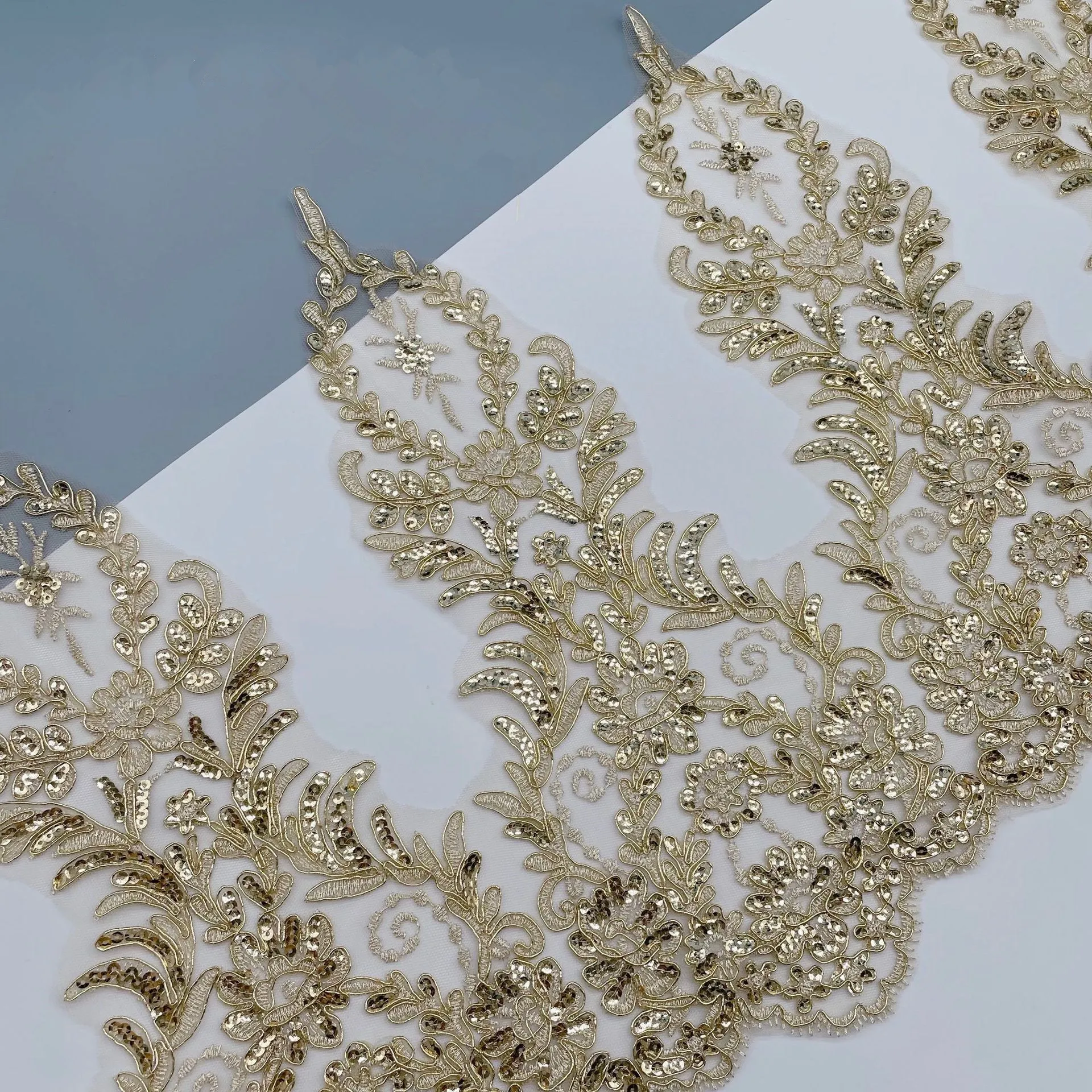 36cm Wide Embroidery Polyester Sequin Gold Lace Trim for Wedding Dress Wedding Veil Lace Trimming
