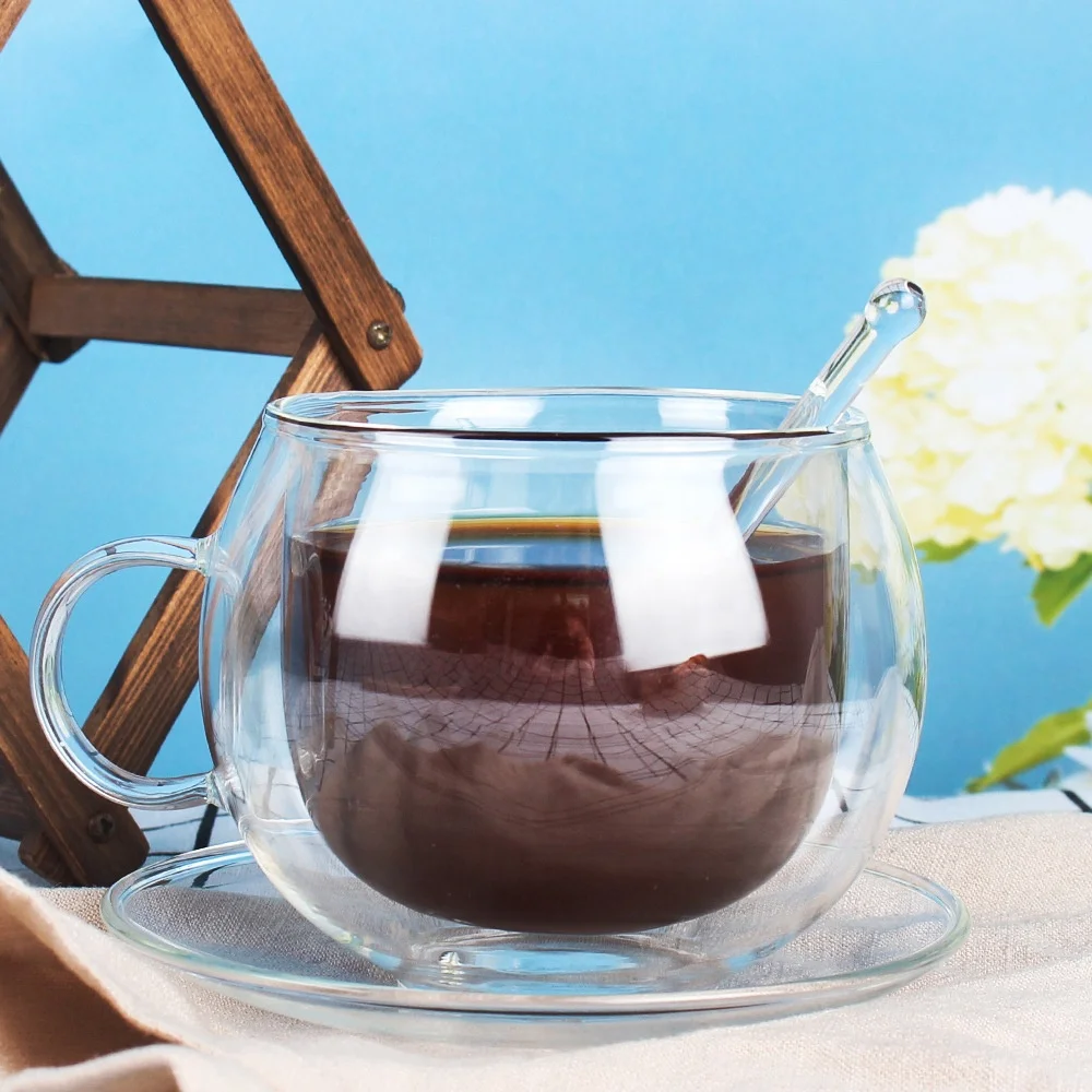Custom Logo Clear Heat Cold Resistant Borosilicate Glass Insulated Double Walled Glass Coffee Cup Mug With Handle