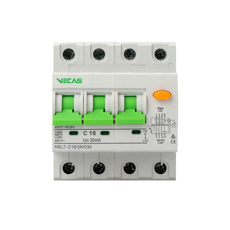 VECAS HSL7 Series 3P+N 30ma 16 Amp Rcbo Circuit Breaker RCCB High Standard Plastic Silver Copper 230/415V IEC60898 CE CB ISO9001