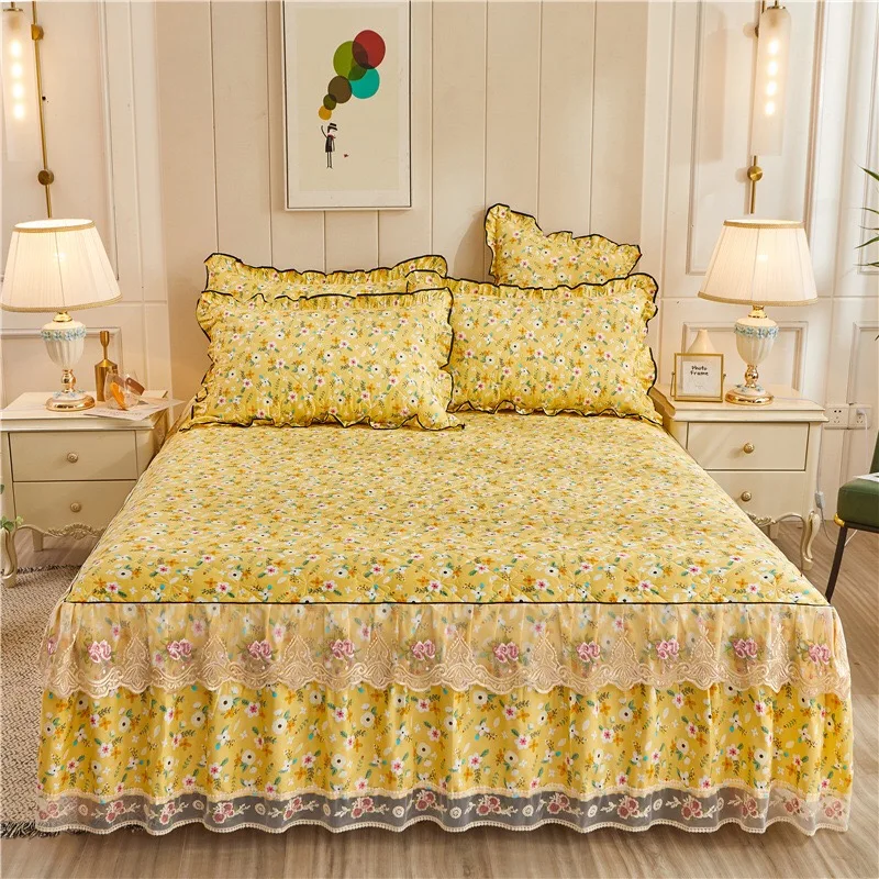 Небольшое хлопковое кружевное покрывало в дворцовом стиле с цветочным рисунком, комплект простыней, стеганое плотное хлопковое покрывало для кровати, юбка для кровати