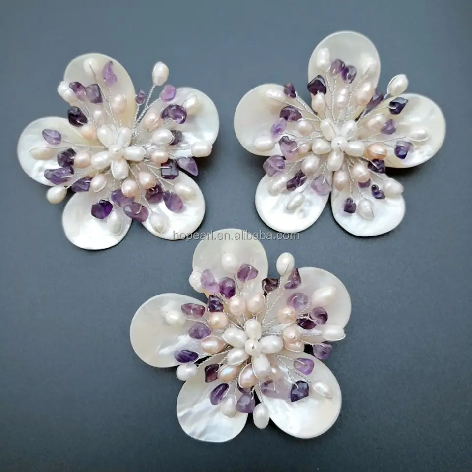 BRH37 Amethyst and Freshwater Pearls Natural White Mother of Pearl Shell Handmade Flower Brooch