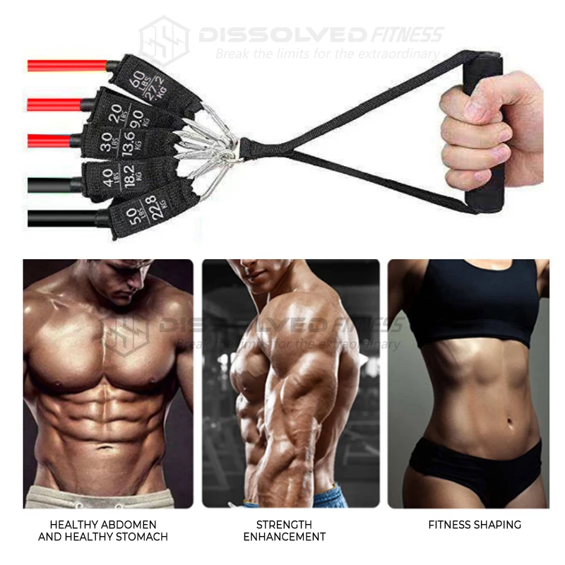 200lb Home Gym Expander Tube Set 12pcs Latex Elastic Fitness RopeTPE Resistance Exercise Bands for Sports & Yoga Packaged