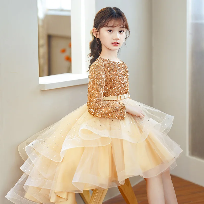 Girls Dress 2022 Winter Christmas Long Sleeve Sequins Trailing Dress Girls Princess Mesh Party Dress
