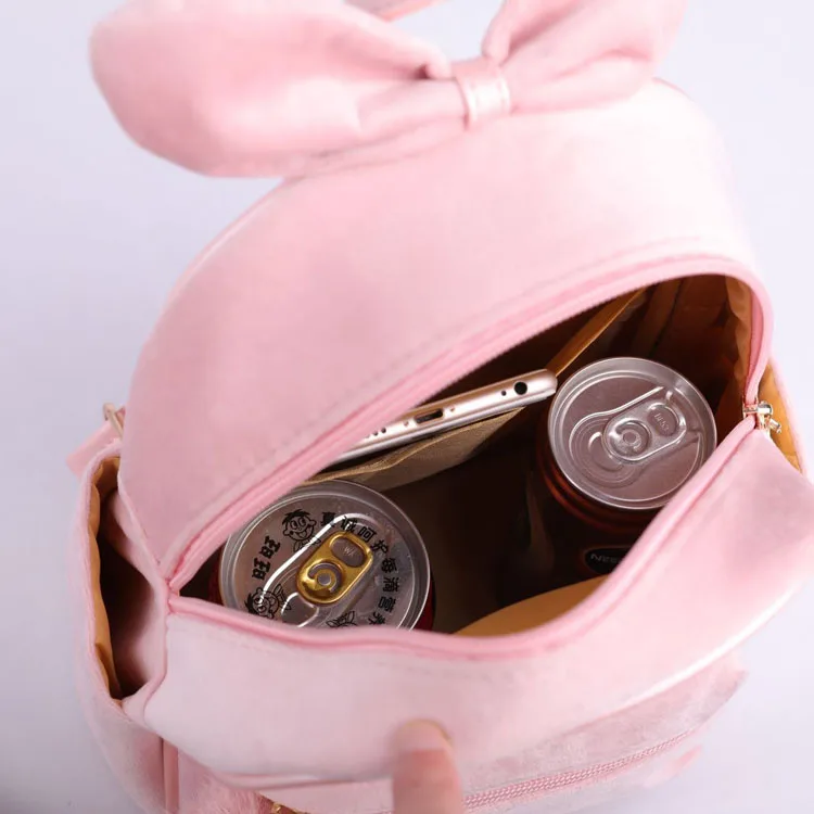 Pure Color Girl Rabbit Ears Backpack New Fashion Velvet Short Plush Backpack