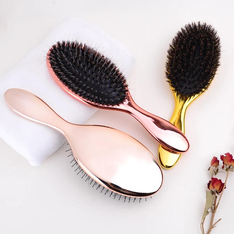 private label plastic electroplating boar bristle rose gold hair brush set