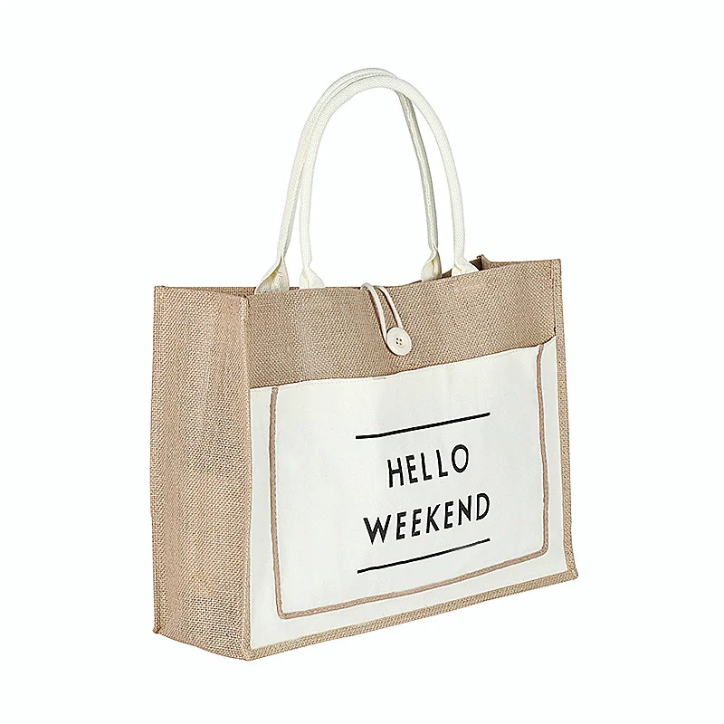 manufacturer recycle natural burlap linen shoulder tote jute bag with hello weekend