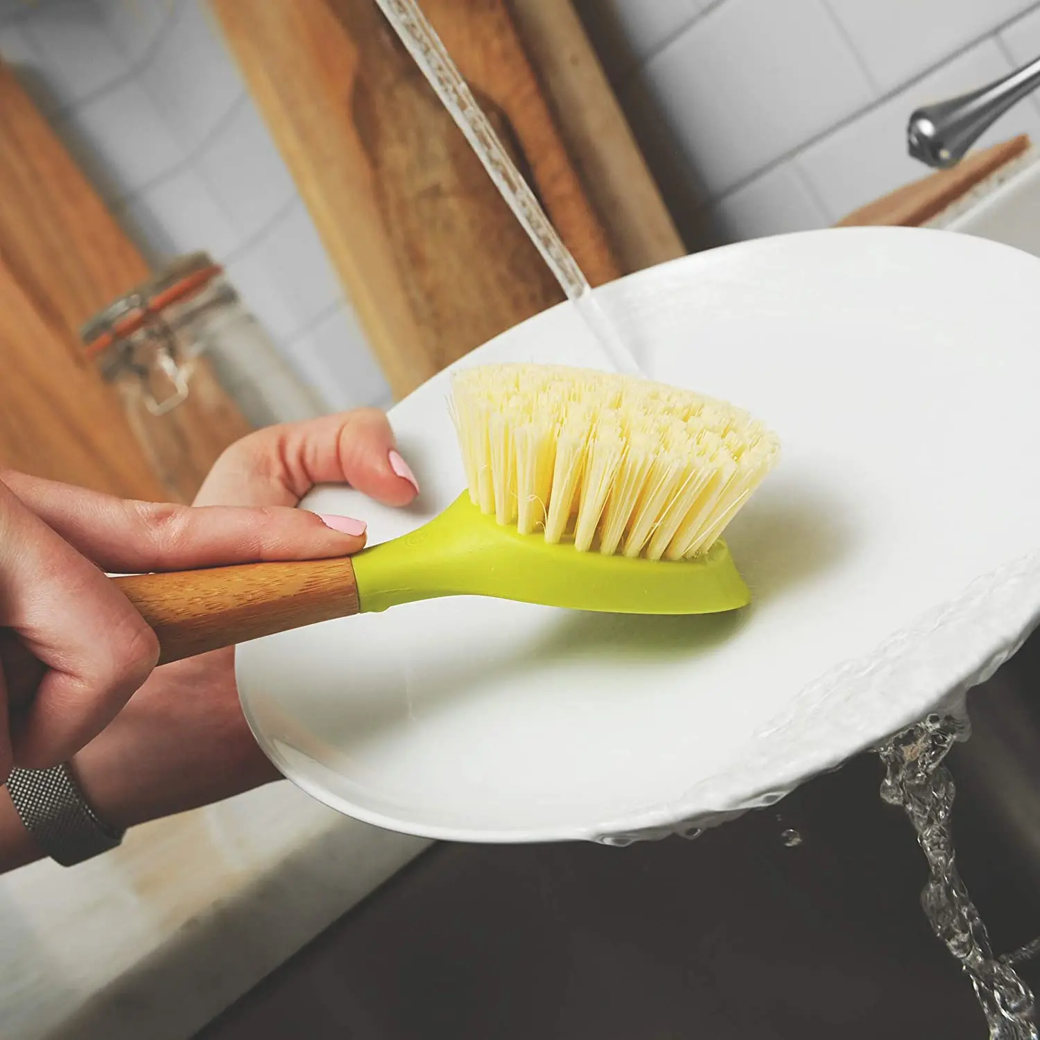 Long Handle Brush Dish Scrubber with Built-In Food Scraper Bamboo Dish Brush Pan Pot Dish Sink Brush