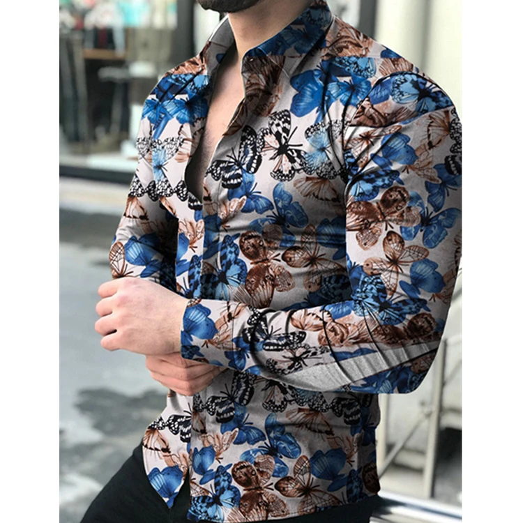 Men Long Sleeve Flower Printing Casual Hawaiian Shirts