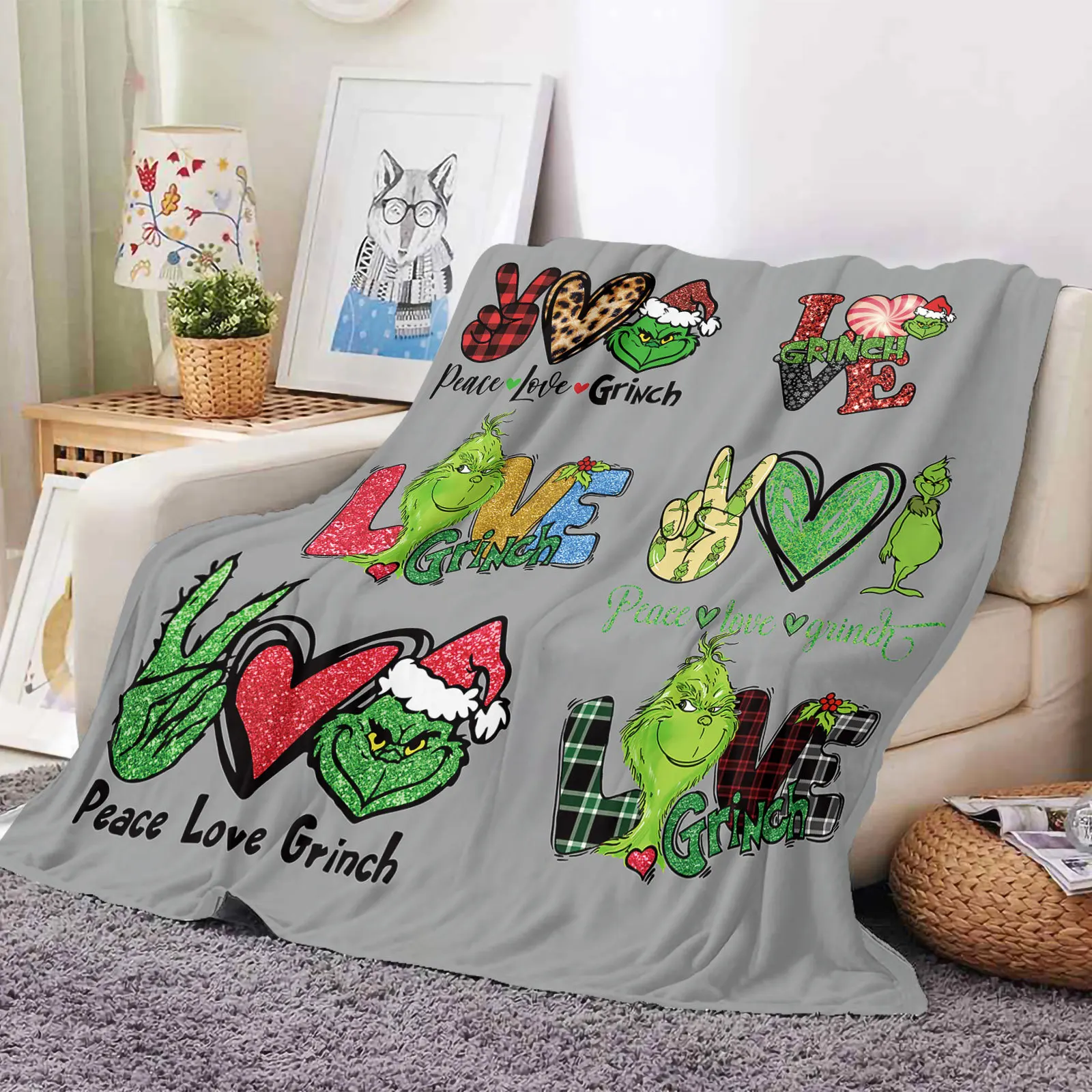 Custom printed soft warm thick baby lamb velvet green fur strange ruffled flannel fleece throw blanket