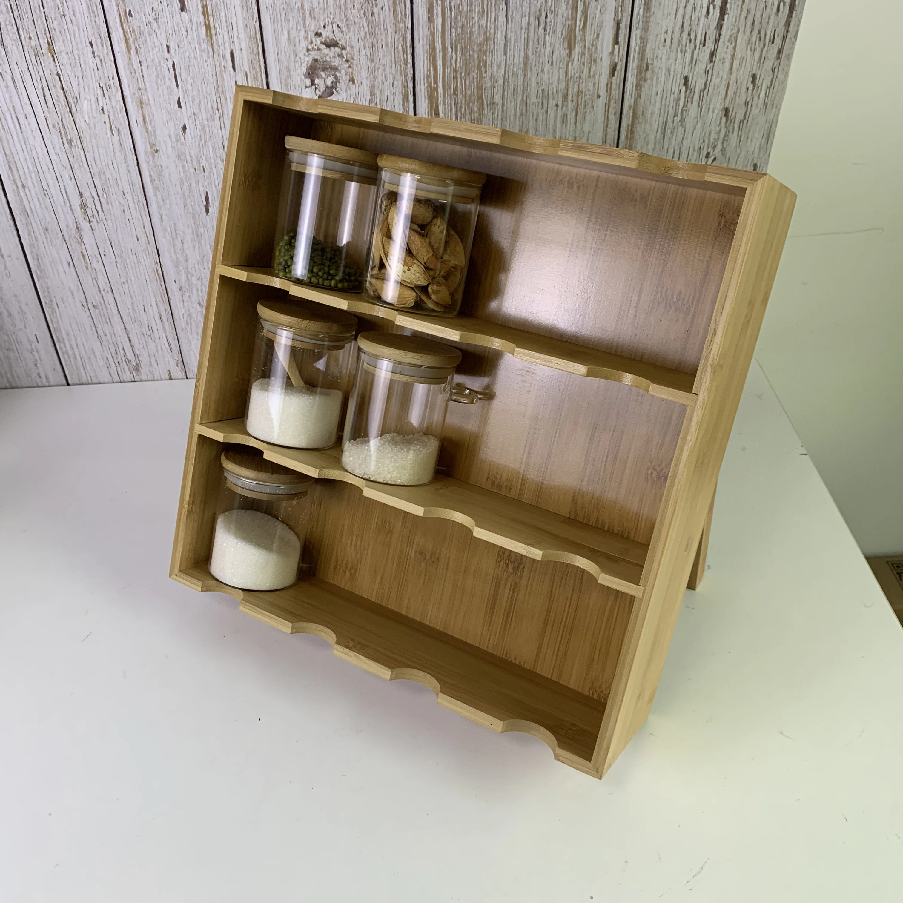 3-Tier Bamboo Spice Shelf with Foldable Leg.Versatile Bamboo Spice Rack Organizer for Countertop/Drawer Seasoning&Spice Holder