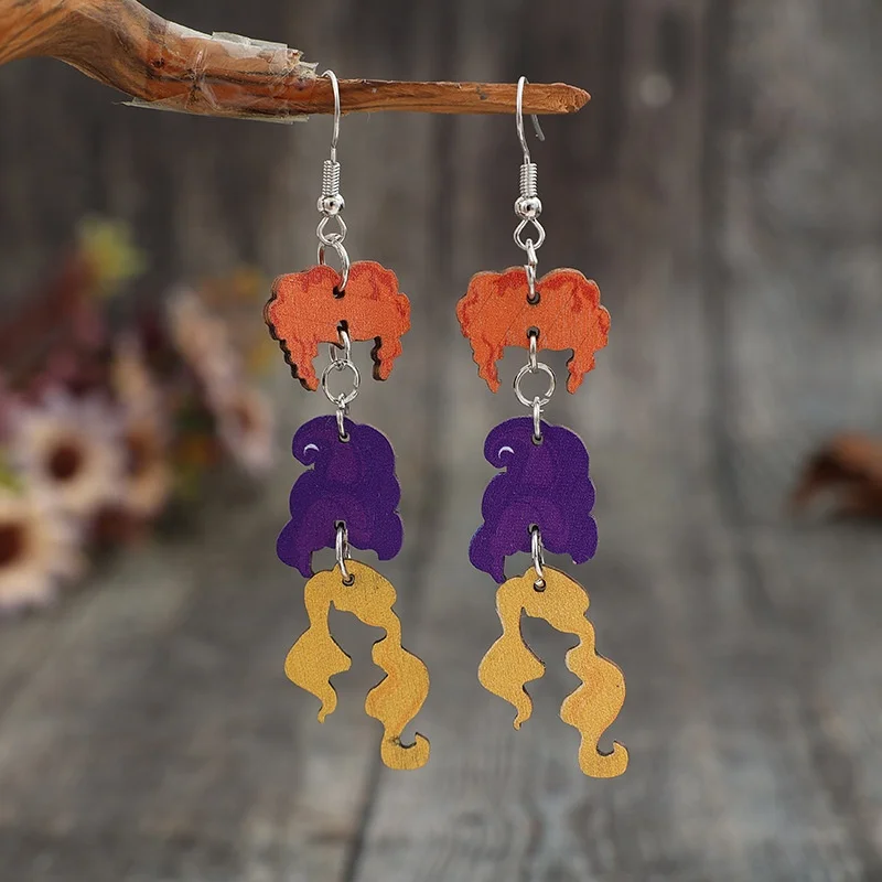 2024 Fashion Colorful Overlay Hair Drop Earrings Wood Dangle Earrings for Women Halloween Party Dance Jewelry Gift