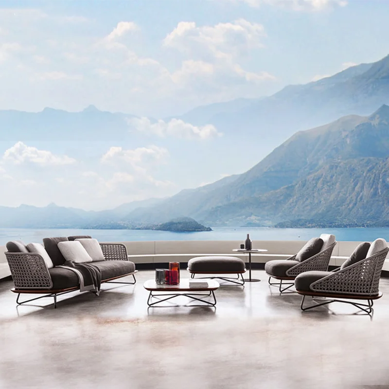 
Nordic leisure outdoor sofa combination garden hotel bed and breakfast courtyard solid teak rope woven rattan furniture 