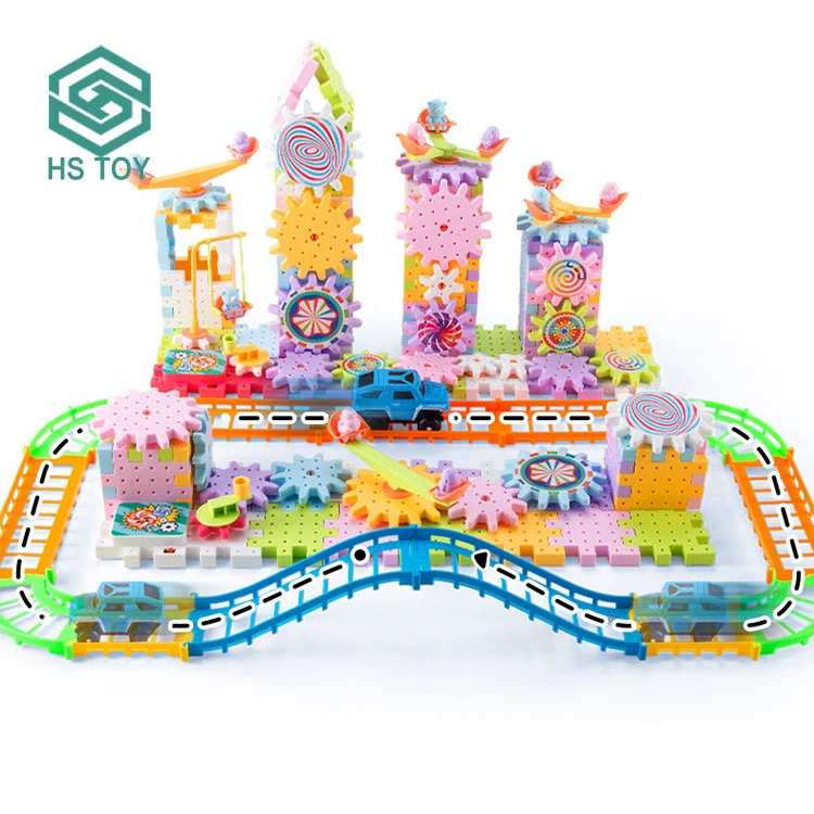 HS Variable Jigsaw Puzzle Educational Set Electric Plastic Gear Rotation Mechanical Building Block Toy With 83 PCS