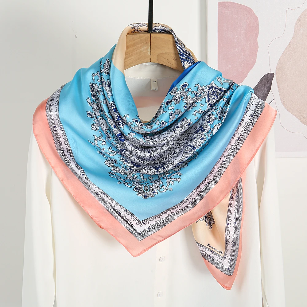 New Arrival 110*110cm Summer Hairband Bandana Floral Cashew Square Printed Hijab Women Satin Silk Scarf