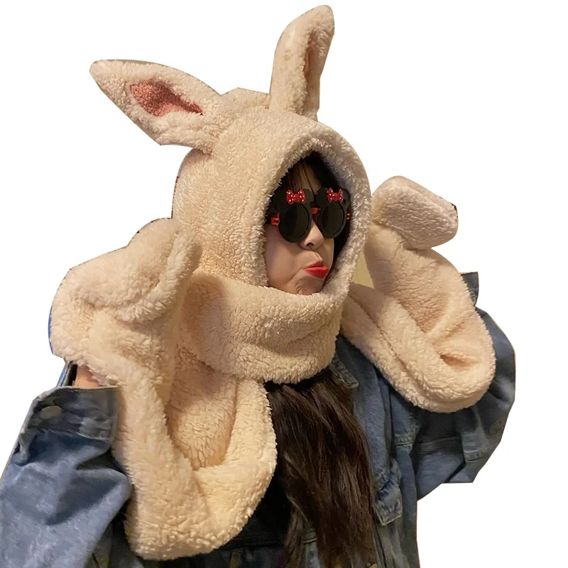 Winter thermal hat Wool cloth with soft nap The rabbit ears evil Scarf, gloves and hat set gift Imitating animals The costume