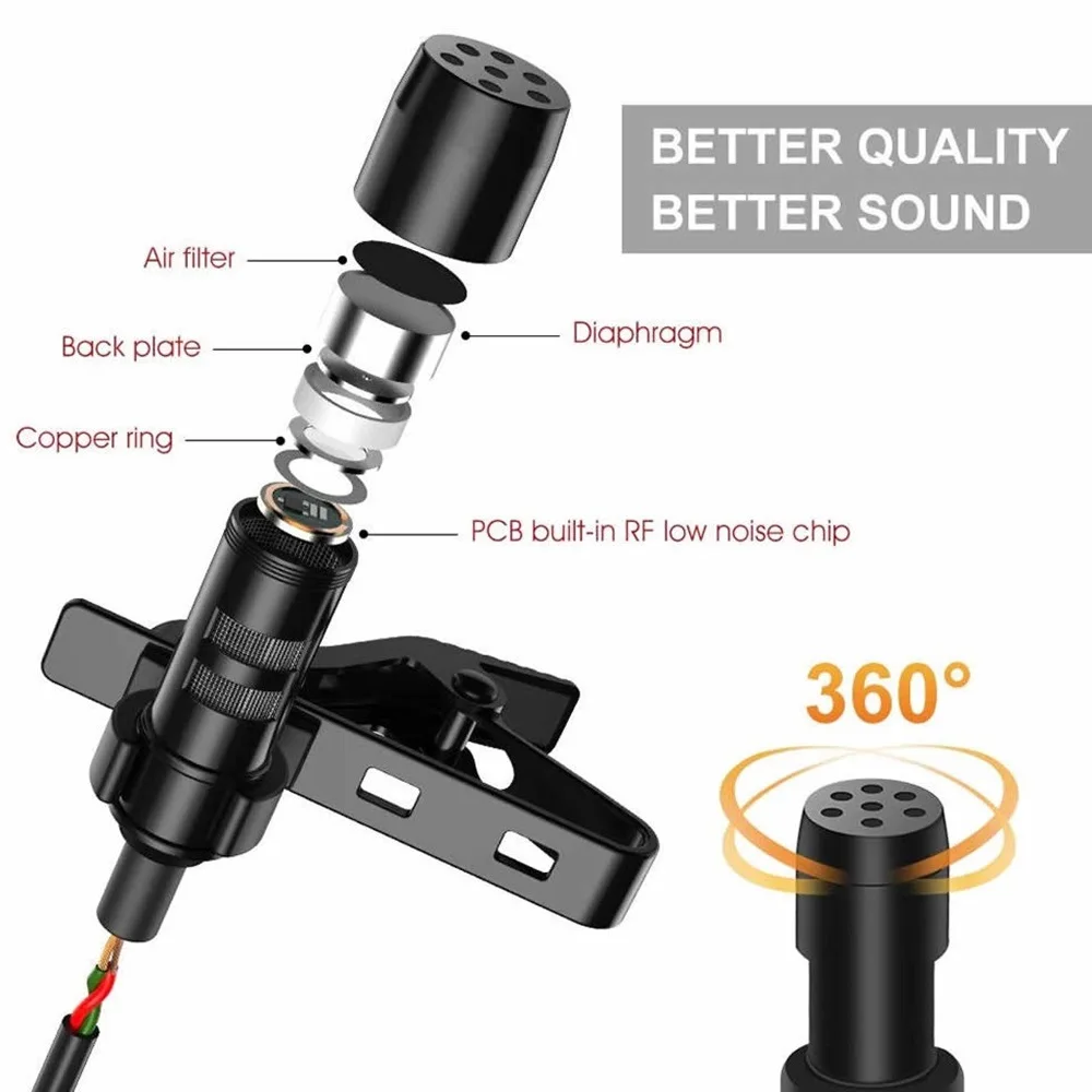 Mini Microphone 1.5m Tie Clip Lavalier Jack/ Right Angle 90 Degree/Straight 3.5MM Mic for Bloggers Speech Live Webcast
