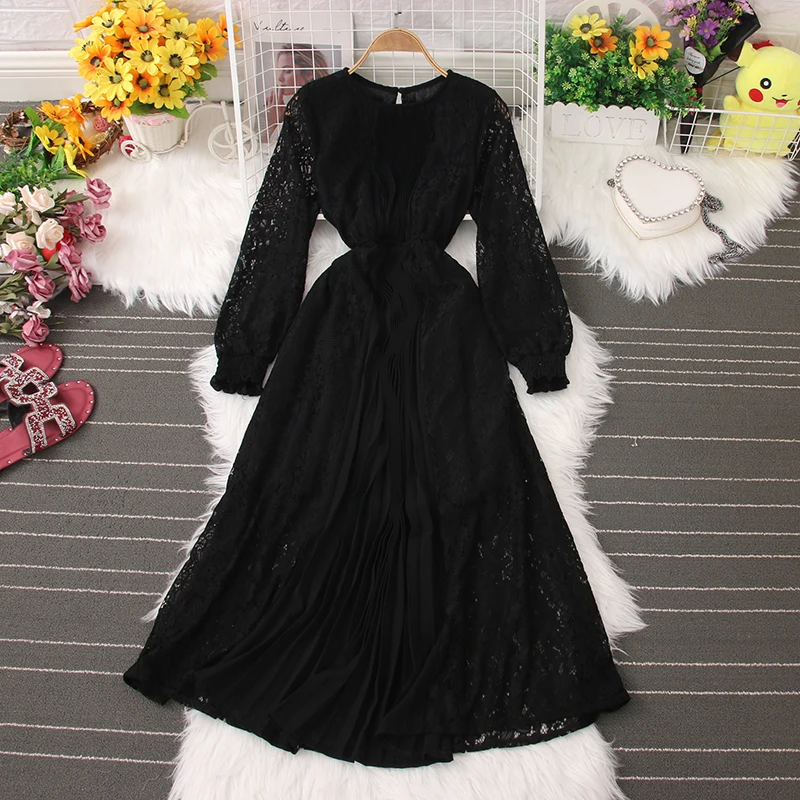 Elegant style dress round neck chiffon lace hollow stitching pleated skirt dress