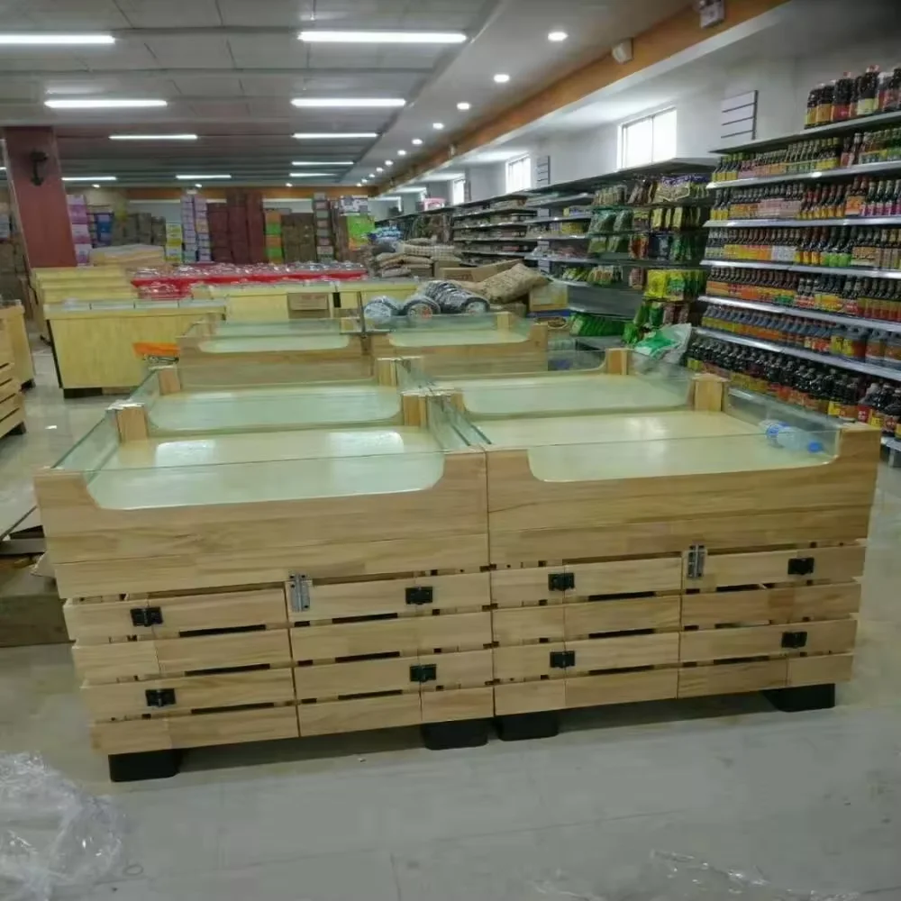Wood supermarket gondola for vegetable display rack stand for grocery store and fruit shelves